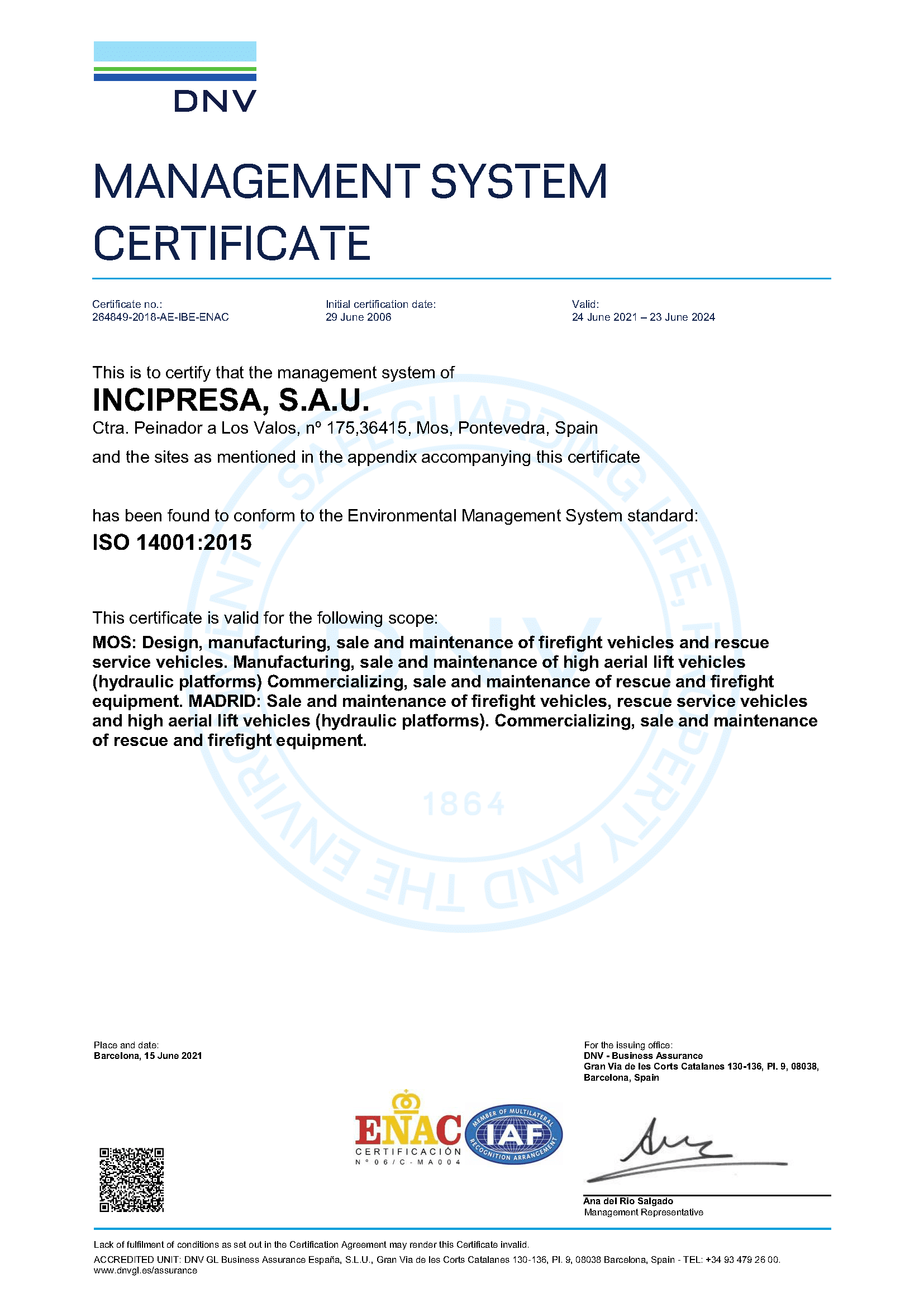 Certificado ISO 14001 2015 INCIPRESA 23 de Junio 2024 ENG P1