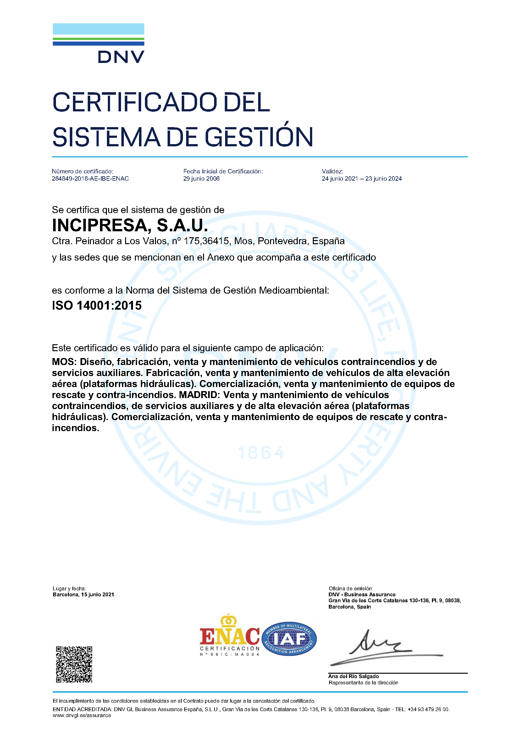 Certificado ISO 14001 2015 INCIPRESA 23 de Junio 2024 ESP P1