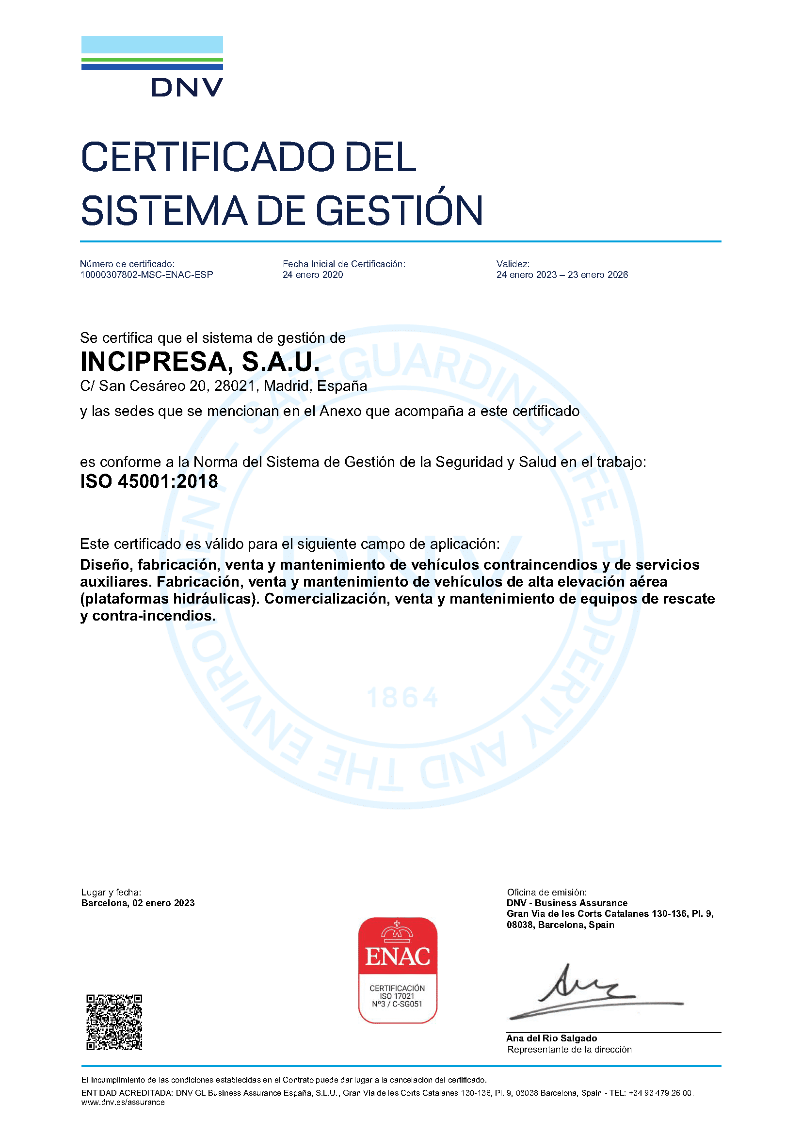 Certificado ISO 45001INCIPRESA 23 de enero 2026 ESP P1