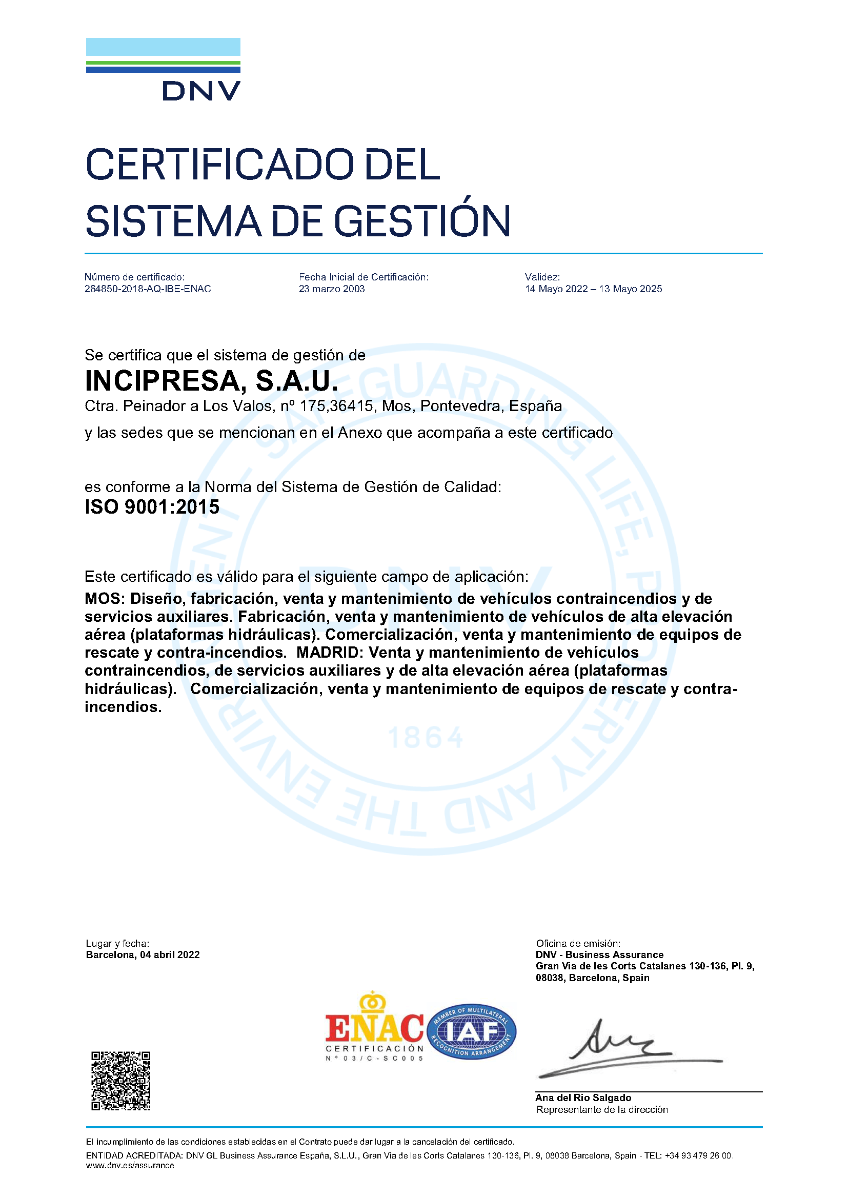 Certificado ISO 9001 2015 INCIPRESA 13 de mayo 2025 ESP P1