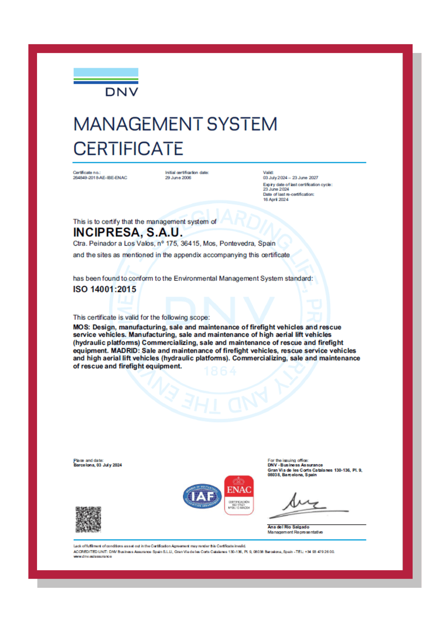 Certificado ISO 14001 2015 INCIPRESA 23 de Junio 2027 ENG