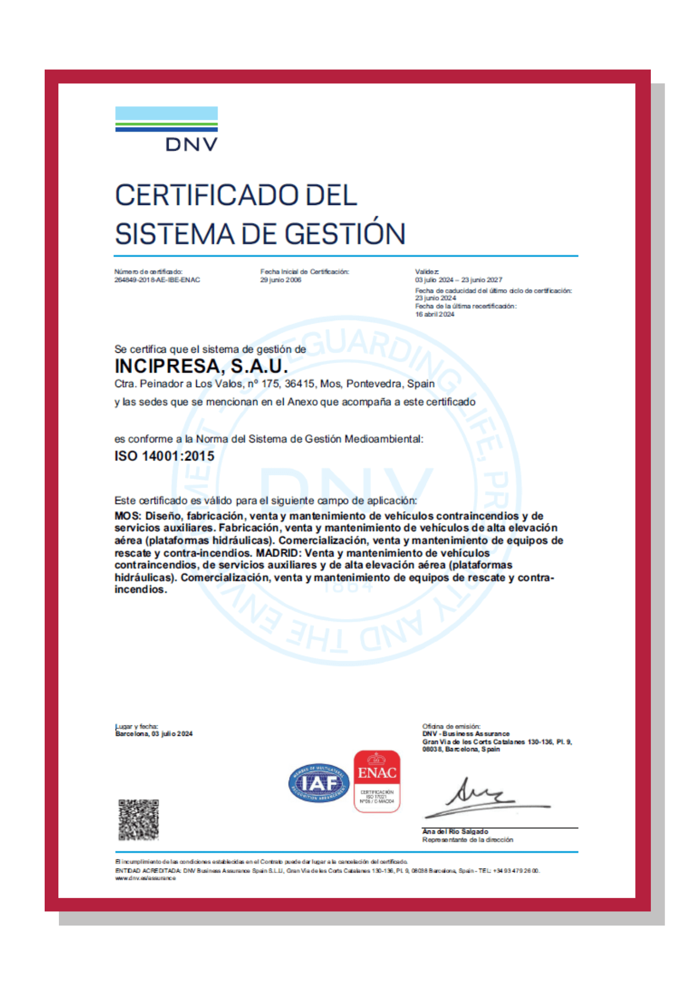 Certificado ISO 14001 2015 INCIPRESA 23 de Junio 2027 ESP