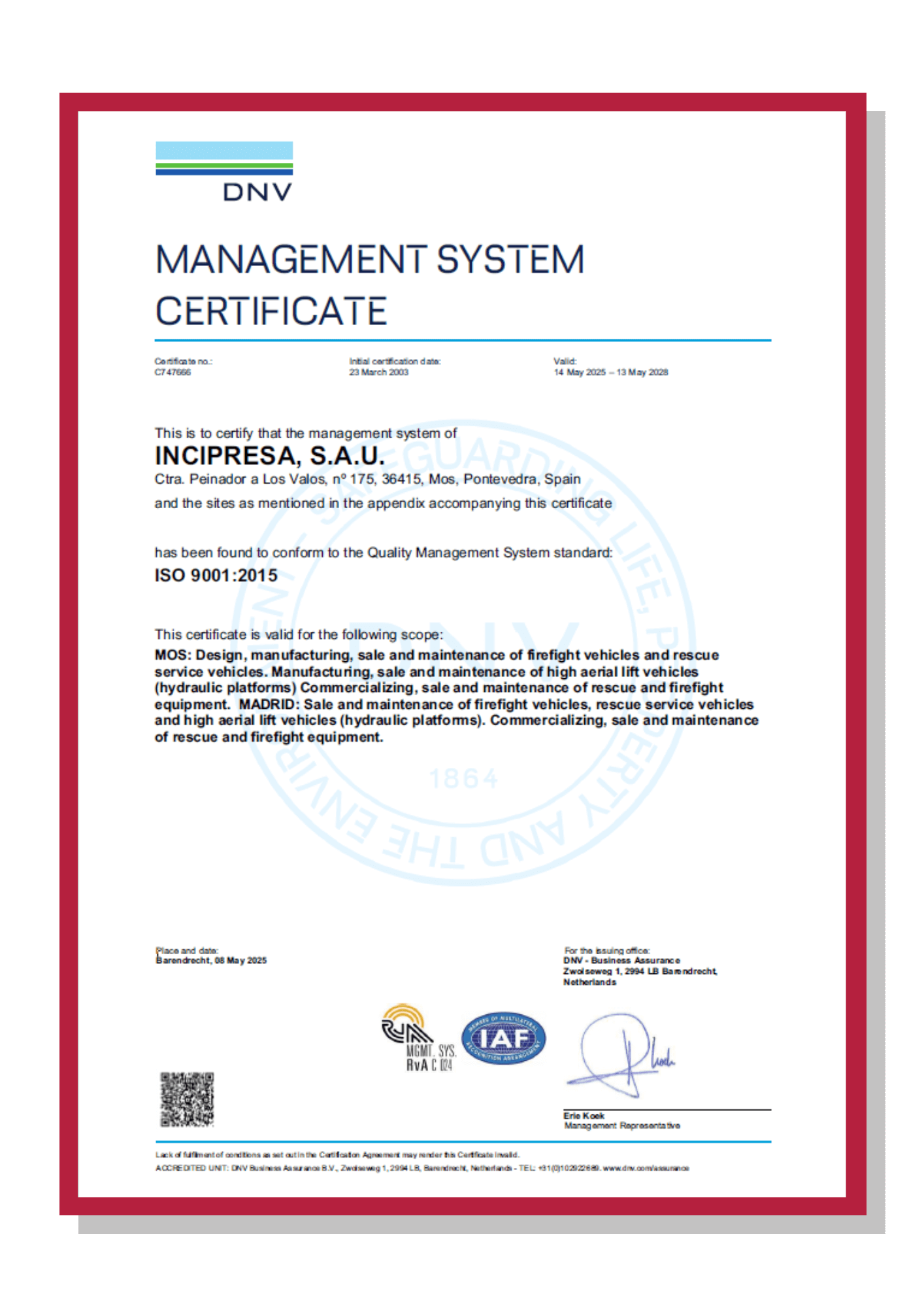 Certificado ISO 9001 2015 INCIPRESA 13 de mayo 2028 ENG