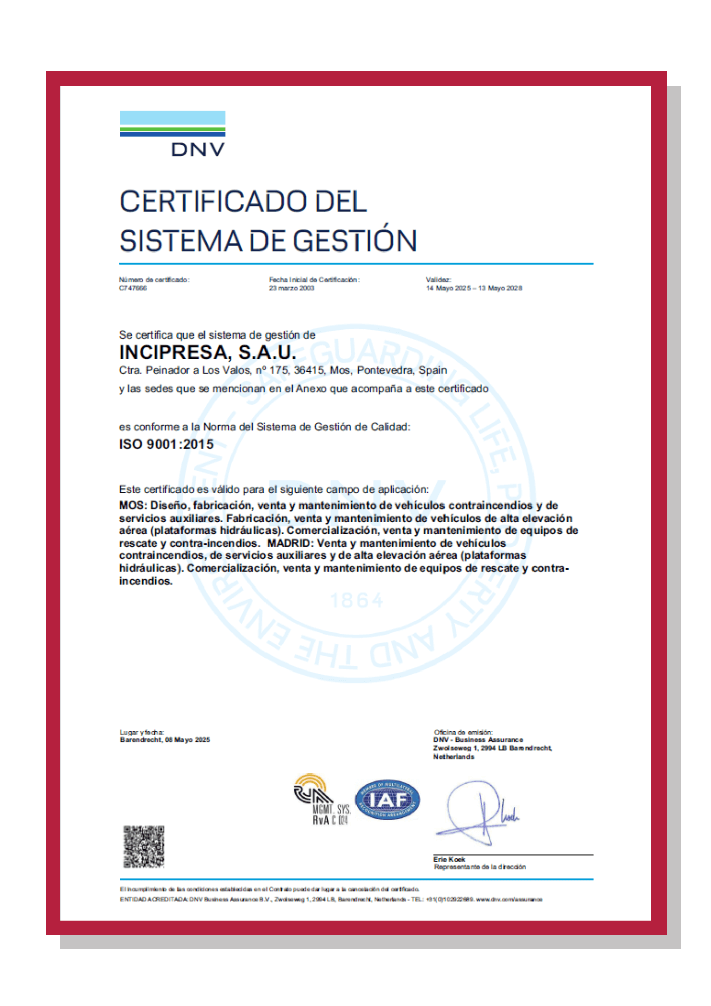 Certificado ISO 9001 2015 INCIPRESA 13 de mayo 2028 ESP