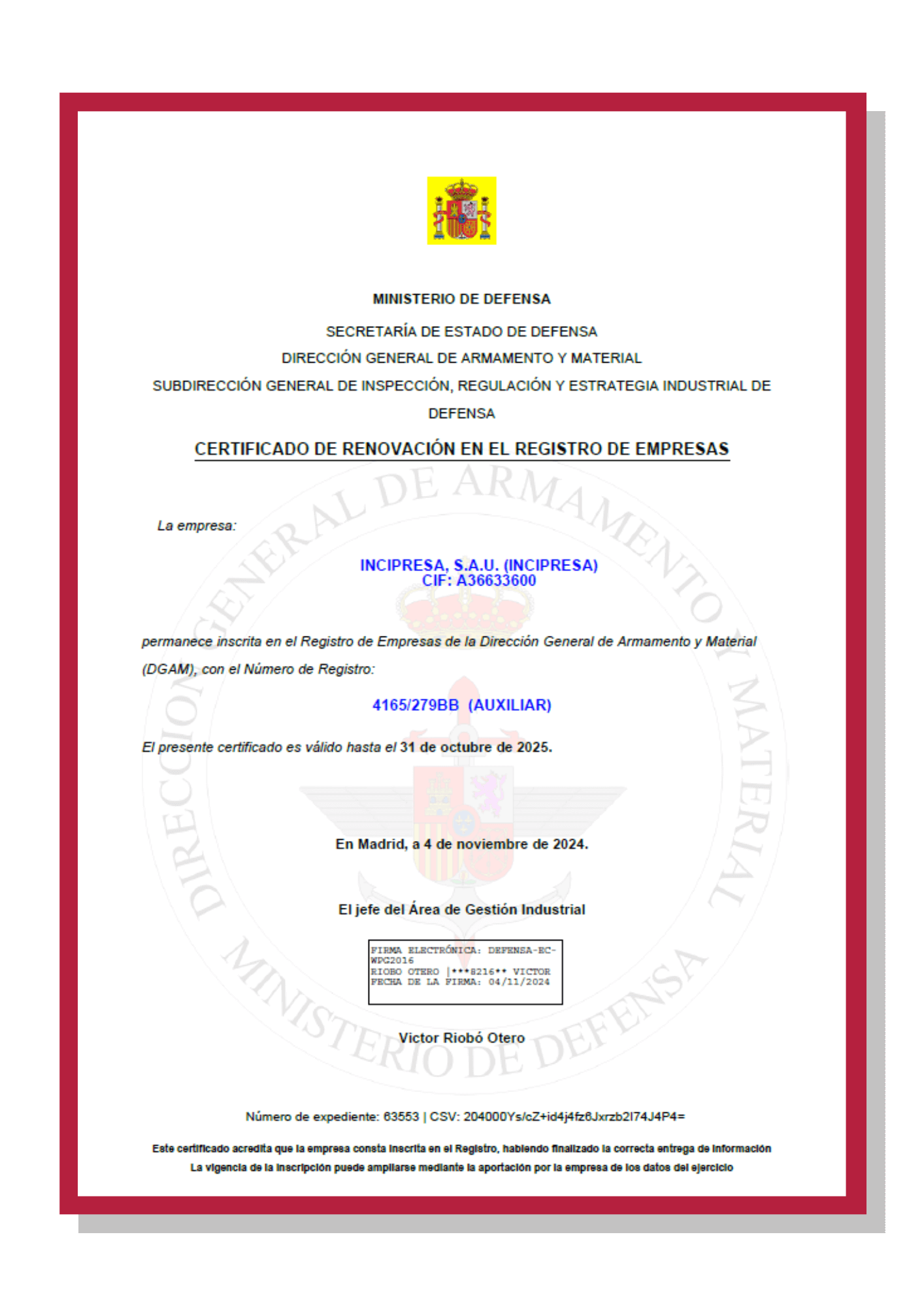 Certificado Inscripcion Registro de Empresas DGAM 31 10 2025