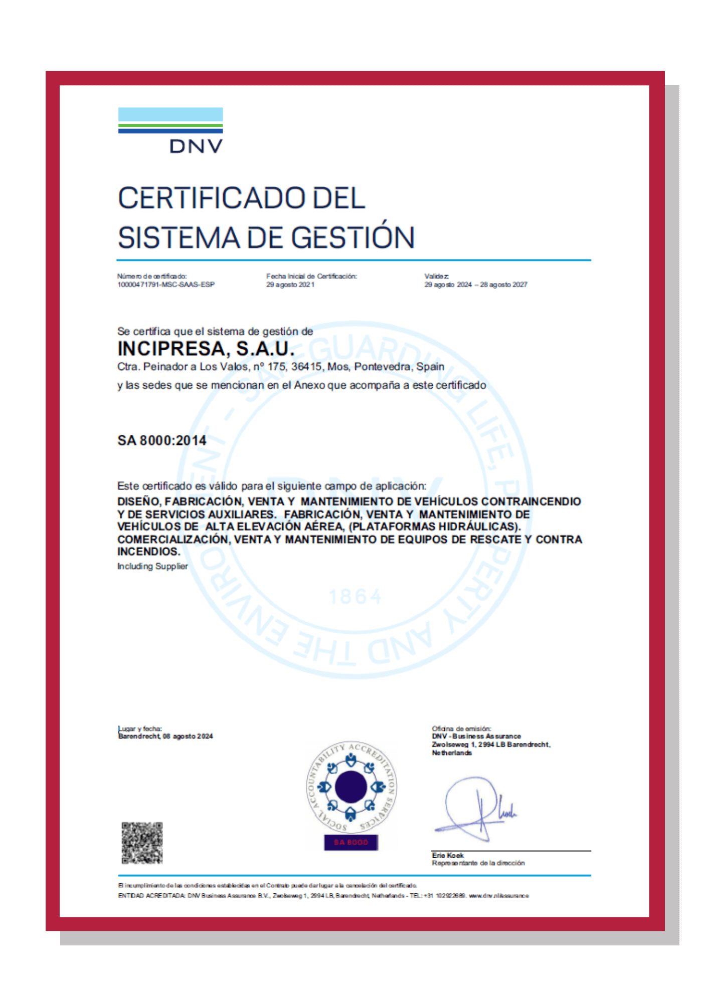 Certificado SA8000 2014 INCIPRESA 28 de agosto 2027 ESP